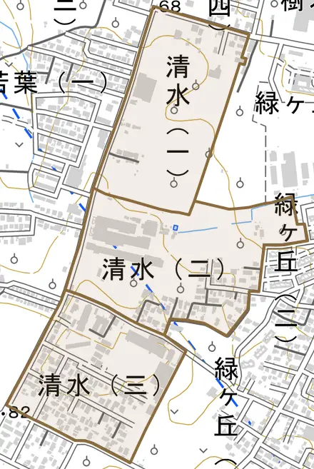 大字清水とその周辺の地図。町の範囲を重ねている