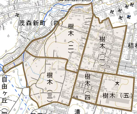 大字樹木とその周辺の地図。町の範囲を重ねている