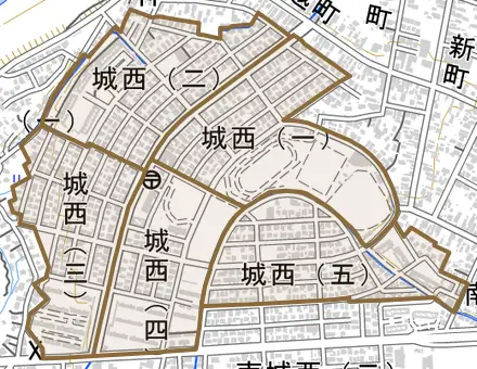 大字城西とその周辺の地図。町の範囲を重ねている