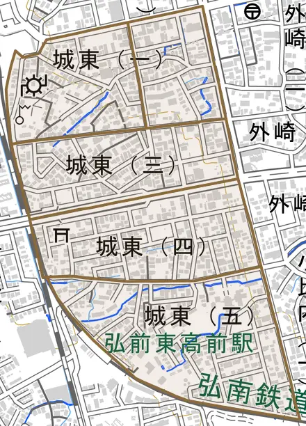 大字城東とその周辺の地図。町の範囲を重ねている