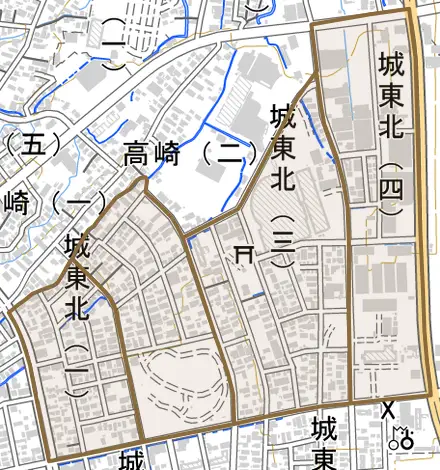 大字城東北とその周辺の地図。町の範囲を重ねている