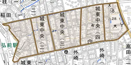大字城東中央とその周辺の地図。町の範囲を重ねている