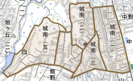 大字城南とその周辺の地図。町の範囲を重ねている