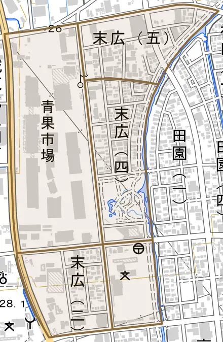 大字末広とその周辺の地図。町の範囲を重ねている