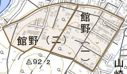 大字館野とその周辺の地図。町の範囲を重ねている