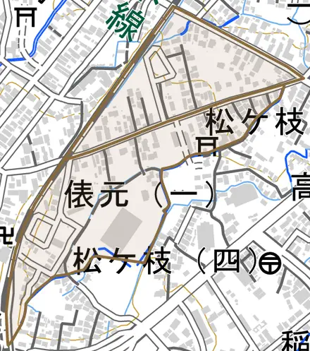 大字俵元とその周辺の地図。町の範囲を重ねている