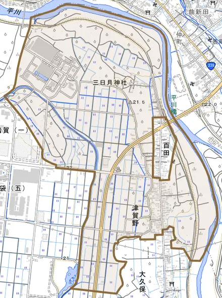 大字津賀野とその周辺の地図。町の範囲を重ねている