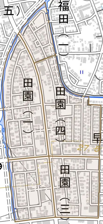 大字田園とその周辺の地図。町の範囲を重ねている