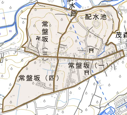 大字常盤坂とその周辺の地図。町の範囲を重ねている