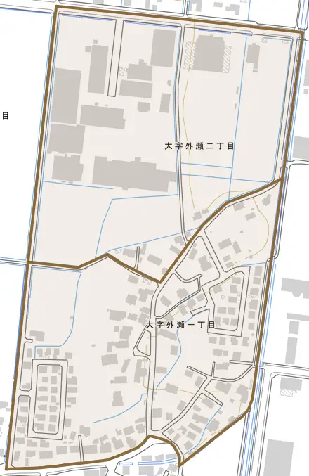 大字外瀬とその周辺の地図。町の範囲を重ねている