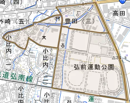 大字豊田とその周辺の地図。町の範囲を重ねている