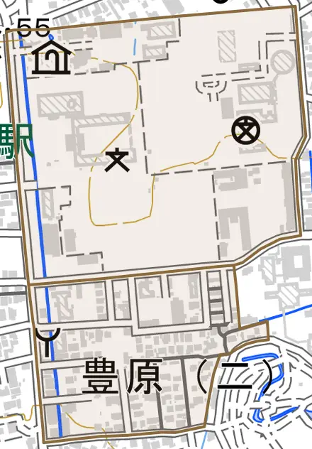 大字豊原とその周辺の地図。町の範囲を重ねている