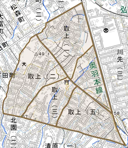 大字取上とその周辺の地図。町の範囲を重ねている