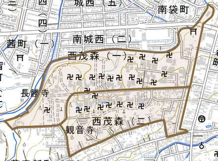 大字西茂森とその周辺の地図。町の範囲を重ねている