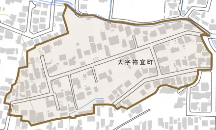 大字禰宜町とその周辺の地図。町の範囲を重ねている