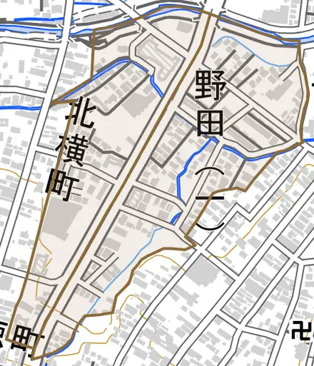 大字野田とその周辺の地図。町の範囲を重ねている