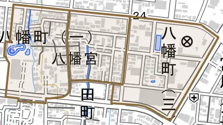 大字八幡町とその周辺の地図。町の範囲を重ねている