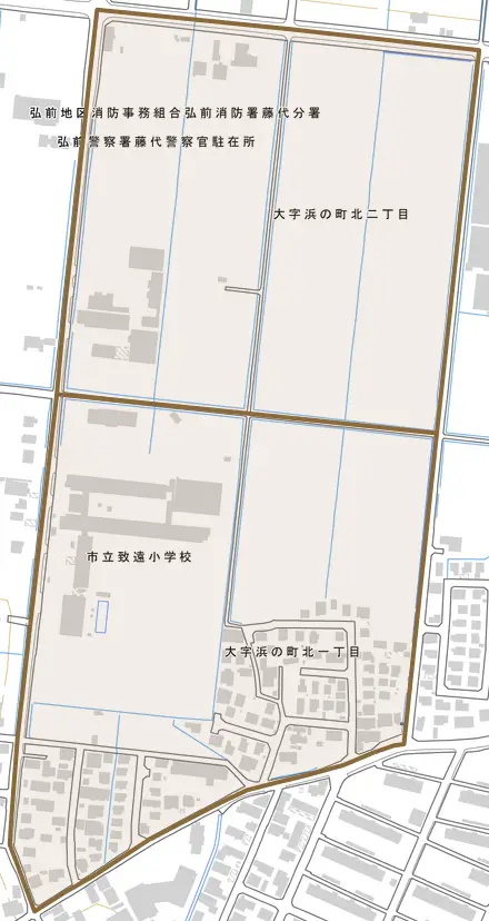 大字浜の町北とその周辺の地図。町の範囲を重ねている