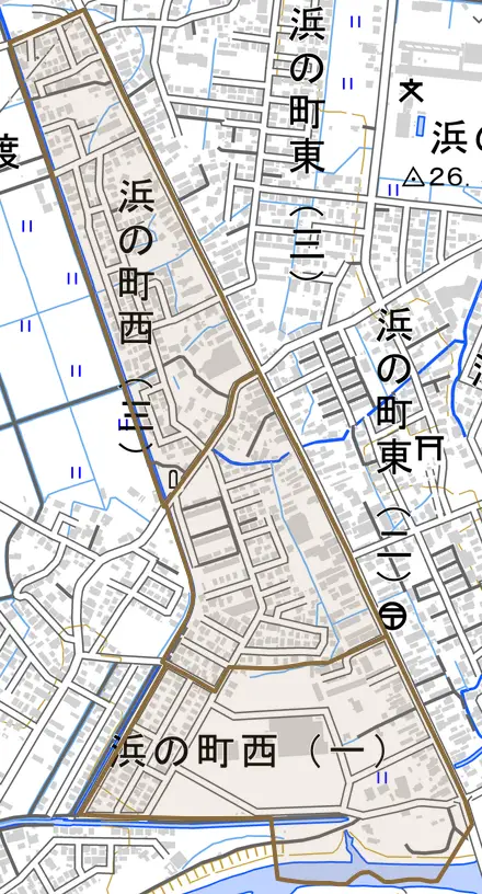 大字浜の町西とその周辺の地図。町の範囲を重ねている