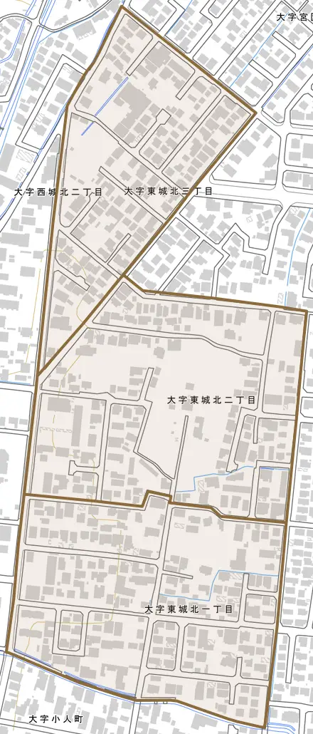 大字東城北とその周辺の地図。町の範囲を重ねている