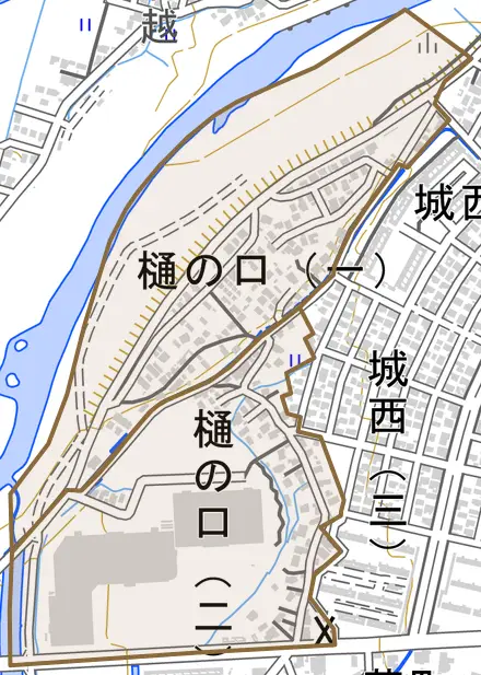 大字樋の口とその周辺の地図。町の範囲を重ねている