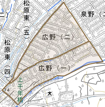 大字広野とその周辺の地図。町の範囲を重ねている