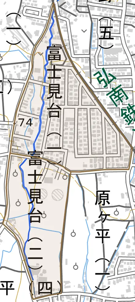 大字富士見台とその周辺の地図。町の範囲を重ねている