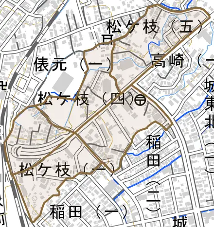 大字松ケ枝とその周辺の地図。町の範囲を重ねている