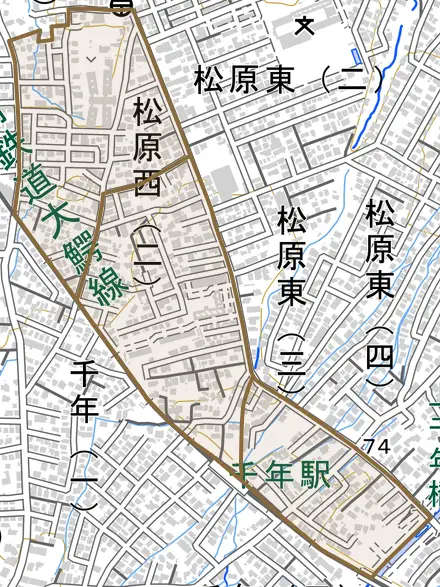 大字松原西とその周辺の地図。町の範囲を重ねている
