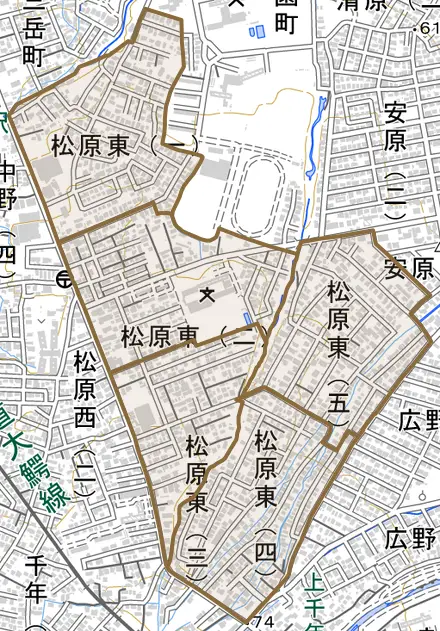 大字松原東とその周辺の地図。町の範囲を重ねている