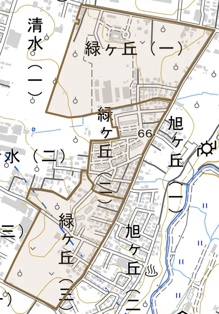 大字緑ケ丘とその周辺の地図。町の範囲を重ねている