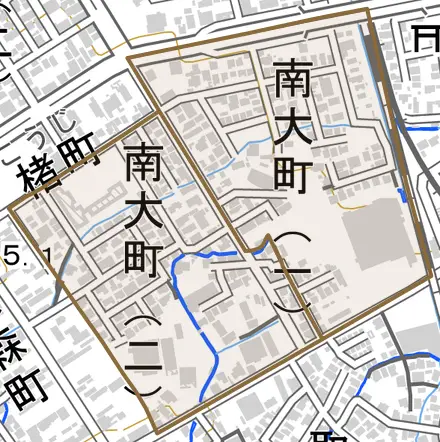 大字南大町とその周辺の地図。町の範囲を重ねている