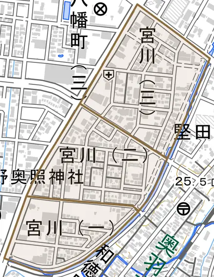 大字宮川とその周辺の地図。町の範囲を重ねている