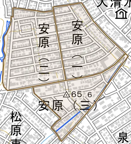 大字安原とその周辺の地図。町の範囲を重ねている