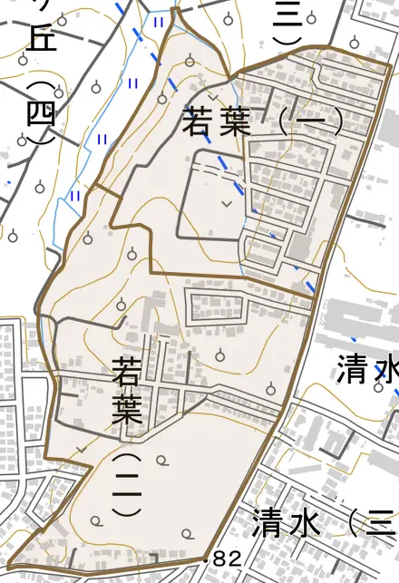 大字若葉とその周辺の地図。町の範囲を重ねている