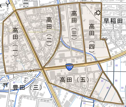 大字高田とその周辺の地図。町の範囲を重ねている