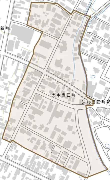 大字鷹匠町とその周辺の地図。町の範囲を重ねている