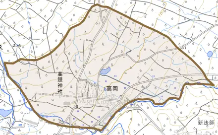 大字高岡とその周辺の地図。町の範囲を重ねている