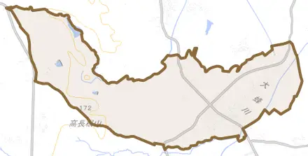 大字高杉とその周辺の地図。町の範囲を重ねている