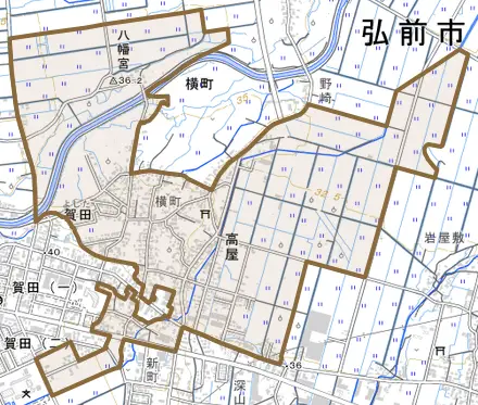 大字高屋とその周辺の地図。町の範囲を重ねている