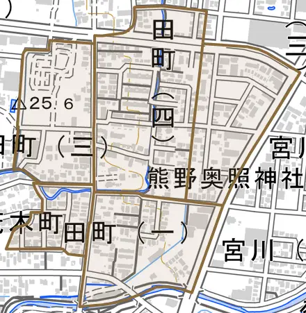 大字田町とその周辺の地図。町の範囲を重ねている