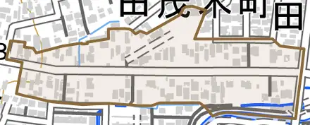 大字田茂木町とその周辺の地図。町の範囲を重ねている