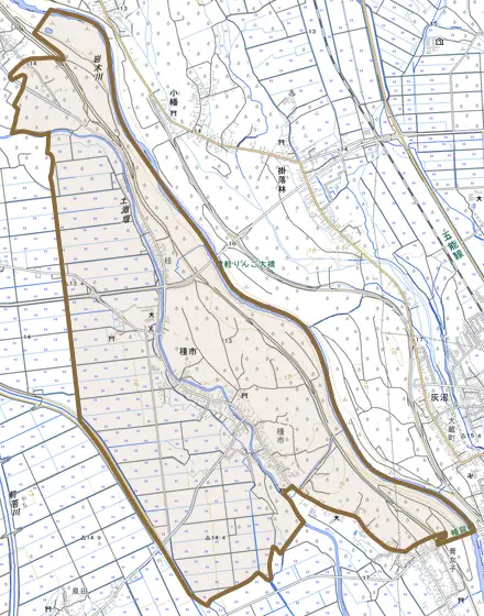 大字種市とその周辺の地図。町の範囲を重ねている