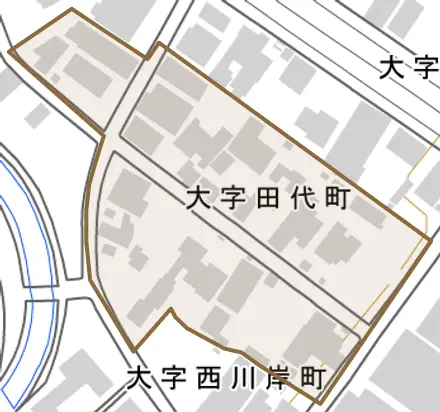大字田代町とその周辺の地図。町の範囲を重ねている