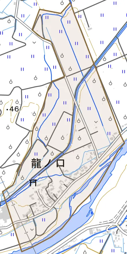 大字龍ノ口とその周辺の地図。町の範囲を重ねている