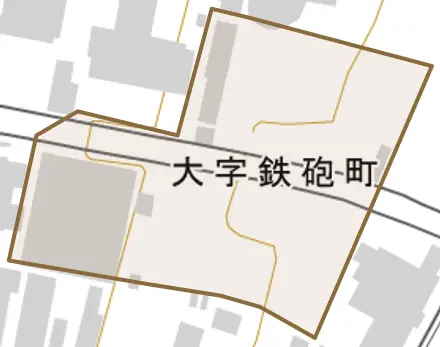 大字鉄砲町とその周辺の地図。町の範囲を重ねている