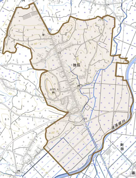 大字独狐とその周辺の地図。町の範囲を重ねている