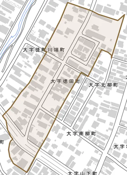 大字徳田町とその周辺の地図。町の範囲を重ねている