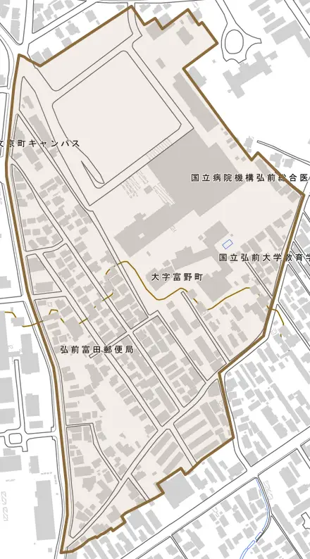 大字富野町とその周辺の地図。町の範囲を重ねている