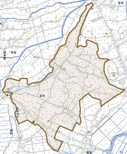 大字富栄とその周辺の地図。町の範囲を重ねている